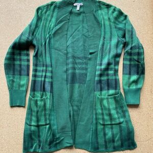 Isaac Mizrahi Live Cardigan Duster Women Medium Green Plaid Jacquard Open Front